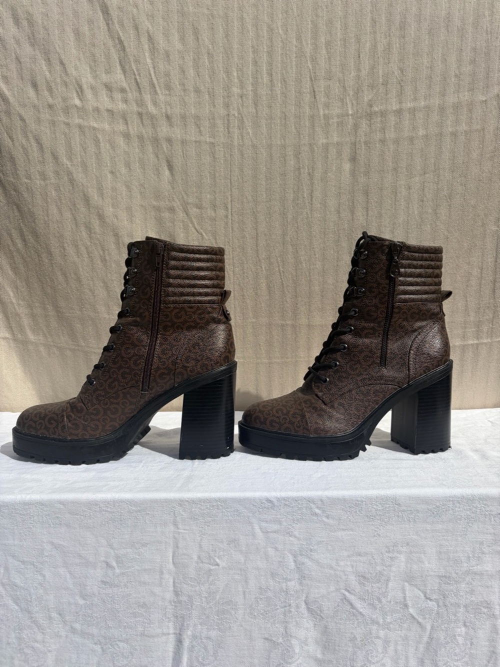G by Guess Brown Quilted Lace-Up Platform Ankle Boots